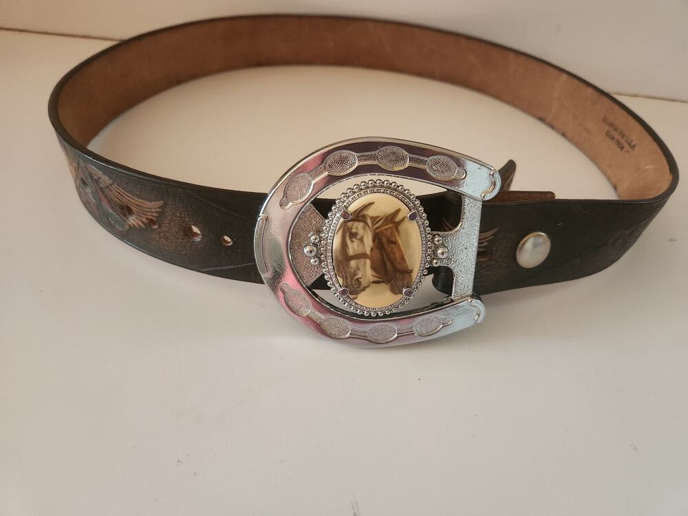 Vtg Embossed Leather Belt Hand Tooled Eagle Motif With Wings Horse Buckle 37"L